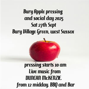 Bury Apple pressing and social day with music from Duncan McKenzie<br />Apple pressing from 10am, Music from 12 midday , bar and BBQ